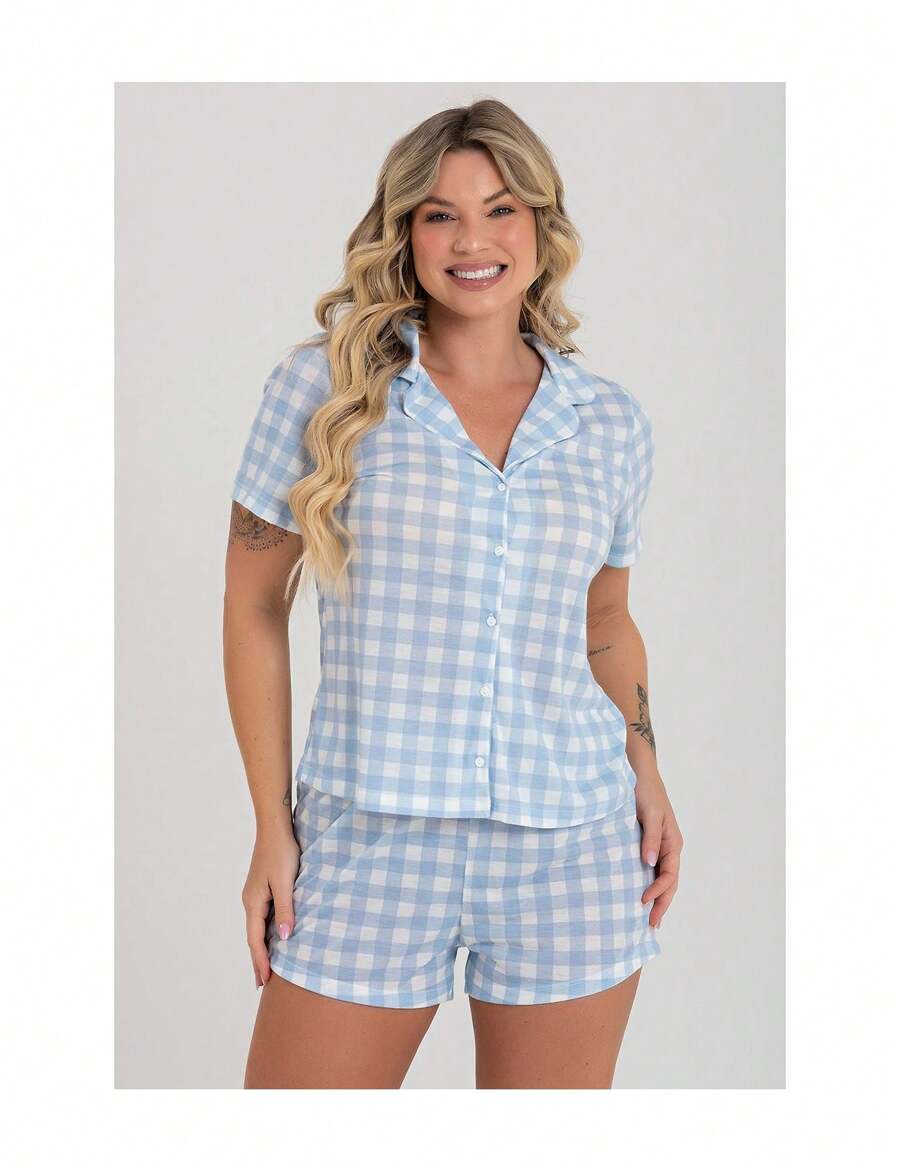 Short American Pajamas Zus Store Blue Plaid - Baby Blue - View 1