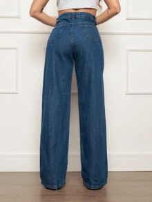 Women's Wide Leg High Waisted Jeans With Butt Lifting Pant - 深色水洗藍 - 查看 2
