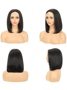 Peruca de Cabelo Humano com Frente de Renda Reta 13x4, Frente de Renda Transparente Peruca  Curta Reta, Pré-Arrancada para Mulheres, Cor Natural de Cabelo Humano - Natural e preto - Visão 6