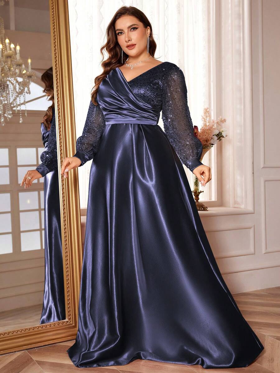 Đầm maxi satin đính sequin cao cấp cỡ lớn XUIBOL, thiết kế bất đối xứng cổ chữ V, dáng chữ A rộng, tay áo loe phù hợp hơn với dáng người hơi đầy đặn. Đầm maxi sang trọng màu trơn dành cho nữ, giúp phái nữ trông trẻ trung và quyến rũ hơn, phù hợp cho nhiều bữa tiệc, lễ tốt nghiệp, đám cưới, sự kiện, tiệc chiêu đãi và dạ hội, cũng có thể được sử dụng như đầm dạ hội trang trọng, đầm dự tiệc, đầm mẹ cô dâu (Thời trang mới 2024). Đầm dạ hội tay dài, phù hợp cho các bữa tối và dịp trang trọng.