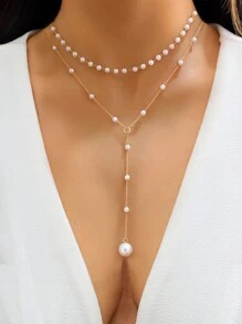 1 pieza Collar en forma de Y con diseño dorado, decorado con rhinestones y perlas artificiales, adecuado para uso diario por mujeres, regalos de , fiestas de gala (cadena hecha a mano cortada a medida, número variable de perlas)