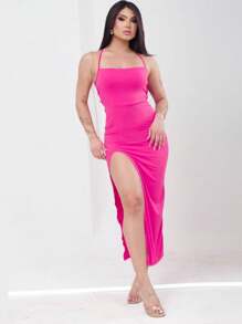Midi Dress With Side Slit And Open Back - 玫紅色 - 查看 2