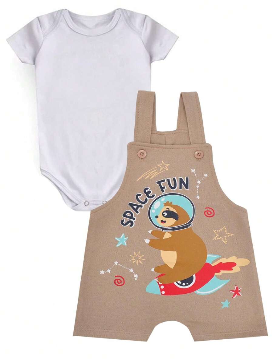 2-Piece Set Of Overalls And Summer Bodysuit For Boys - 鏽棕色 - 查看 1