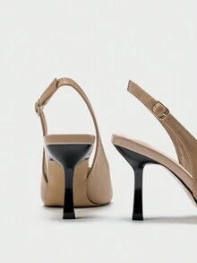 Giày cao gót mũi nhọn có dây khóa cho nữ dùng đi làm và đi chơi hàng ngày, thiết kế khối màu - Màu be - Xem 8