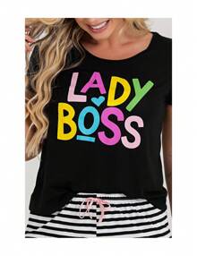 Pijama Curto Loja Zus Listrado Preto Lady Boss Manga Curta - Multicolorido - Visão 3