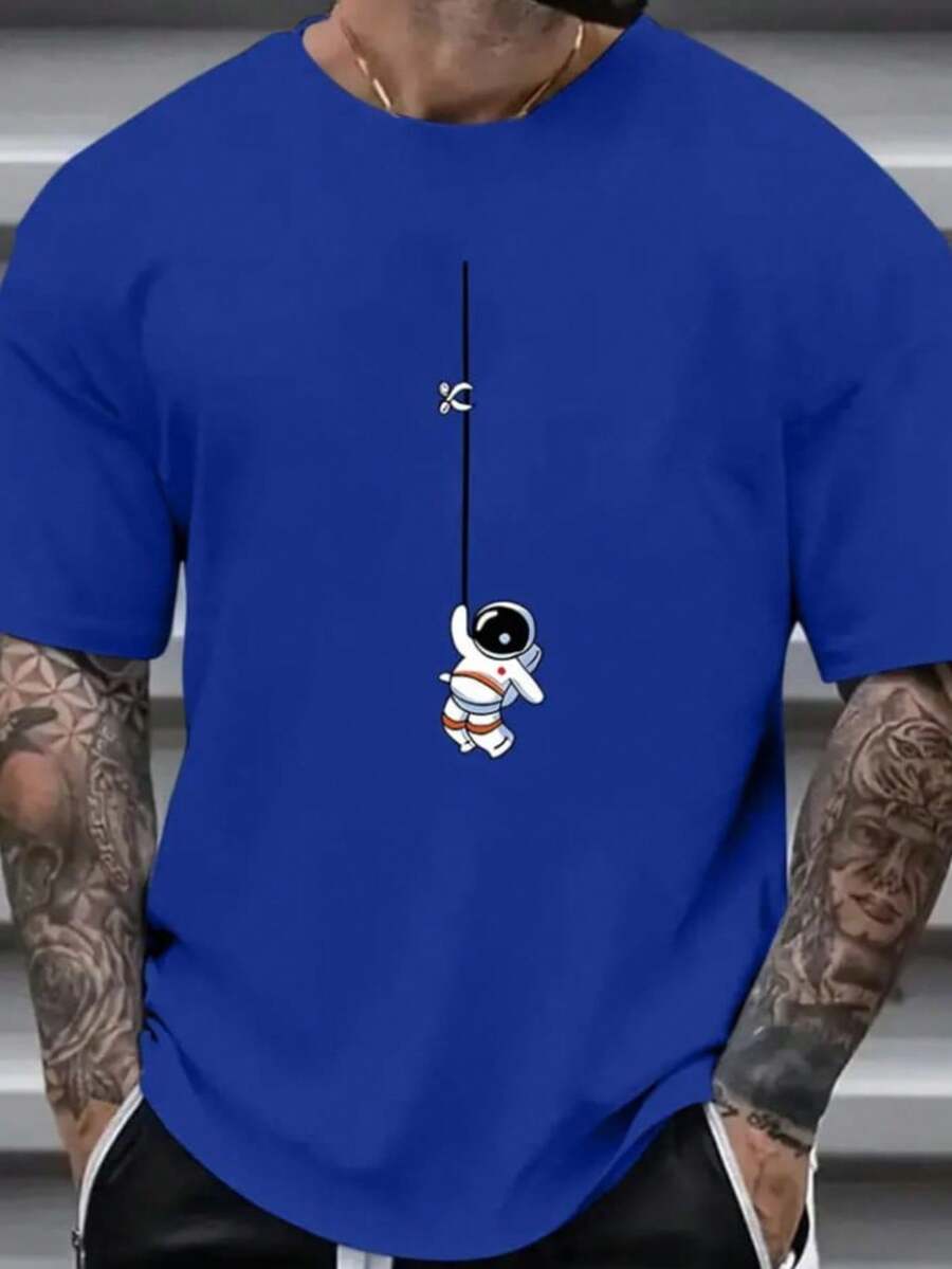 Men's Casual Short Sleeve T-Shirt With MOONMAN Cartoon Print - 寶藍色 - 查看 1