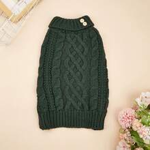 1 pieza Suéter de mascota de cuello alto de unicolor con botón de madera y tejido de punto elástico y cómodo, adecuado para gatos y perros en otoño/invierno, Navidad - Verde - Ver 4