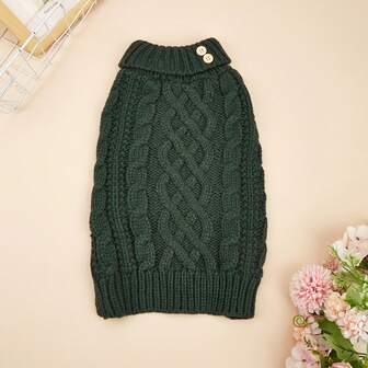 1pc Stretchy Comfortable Cable Knit Solid Color Wood Button High Collar Pet Sweater, Suitable For Cats & Dogs In Autumn/Winter, Christmas