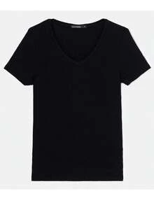 Women's Basic Elastane Blouse T-Shirt, V-Neck, Plain, Second Skin - màu đen - Xem 2