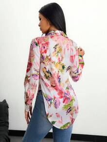 Camisa larga de manga comprida casual com estampa 3D estilo europeu e americano, sofisticada e versátil