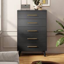5 Drawer Storage Cabinet, Tall Chest Of Drawers, Christmas And New Year Gift Vertical Storage Cabinet, Dressing Table  With Metal Handles, Wood Storage Organizer Dresser Nursery Dresser - 黑色 - 查看 1