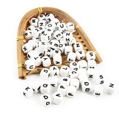10pcs/26pcs 12mm Silicone Letter Beads With White Base And Black Letters Diy Bracelet Keychains And For Jewelry Making