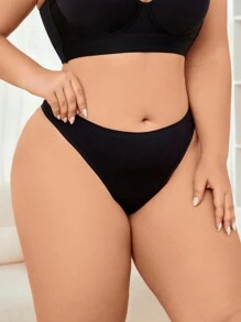 HANQIYA 4pcs Women's Plus Size Black Solid Color Thong Panties, Elegant & Simple, Moisture-Wicking & Breathable