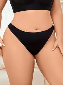 HANQIYA 4pcs Women's Plus Size Black Solid Color Thong Panties, Elegant & Simple, Moisture-Wicking & Breathable