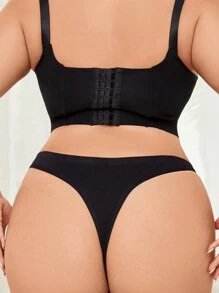 HANQIYA 4pcs Women's Plus Size Black Solid Color Thong Panties, Elegant & Simple, Moisture-Wicking & Breathable