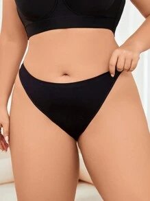 HANQIYA 4pcs Women's Plus Size Black Solid Color Thong Panties, Elegant & Simple, Moisture-Wicking & Breathable