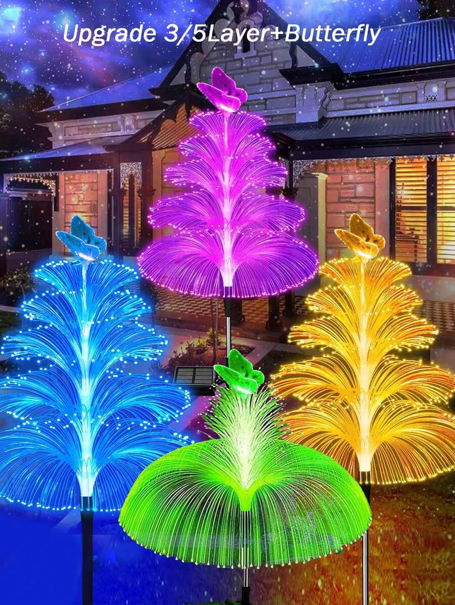 Luces solares para senderos, luces solares impermeables para exteriores, cambio de 7 colores, 1/2/5 capas de luces solares de flor con diseño de medusa y mariposa para decoración de Navidad, piscina, jardín - Multicolor - Ver 1