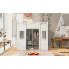 Full Size House Loft Bed With Ladder And Wardrobe-White - 白色+實木+全如圖 - 查看 6