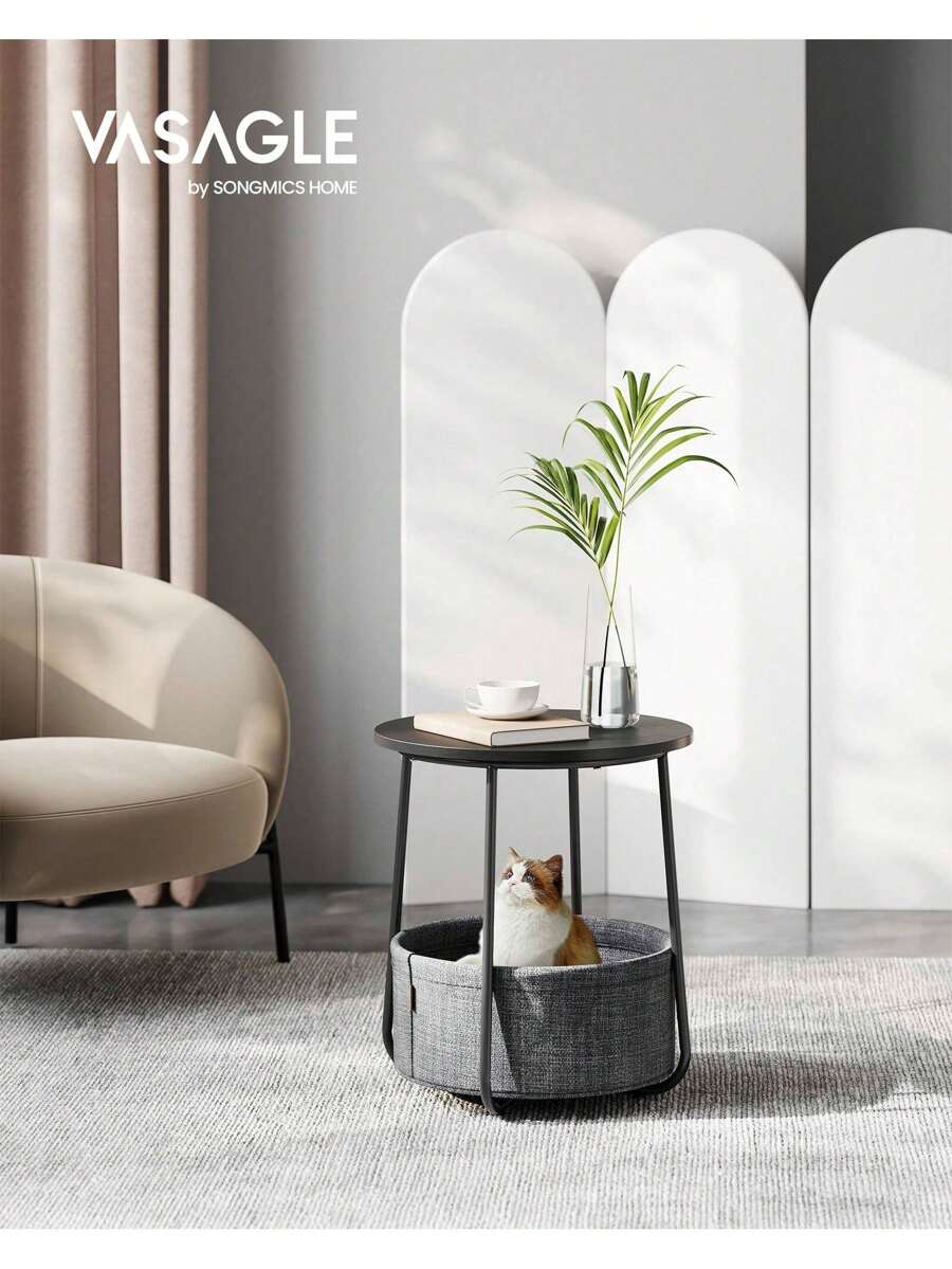 VASAGLE Small Round Side End Table, Modern Nightstand With Fabric Basket, Classic Black, Dark Turquoise - màu đen - Xem 1