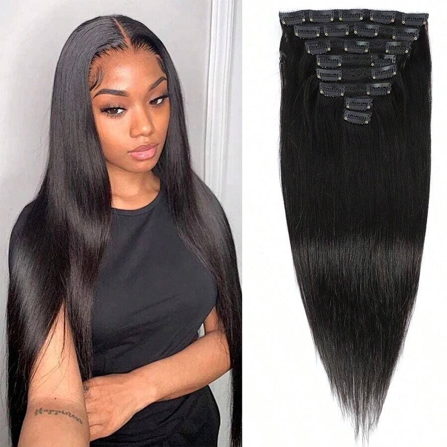 BINF Straight Clip In Human Hair Extensions 100% Human Hair Set With Clips Double Weft Human Hair Extensions  Natural Color - Natural Black - View 1