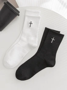 2pairs Men Cross Embroidered Crew Socks