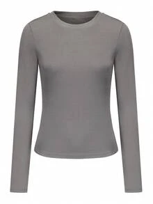 Slim Fit Long Sleeve Top Women's Comfortable Stretchy Base Layer Shirt For Crew - Grey - View 2