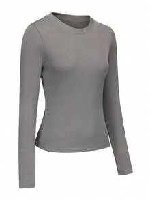 Slim Fit Long Sleeve Top Women's Comfortable Stretchy Base Layer Shirt For Crew - Grey - View 3