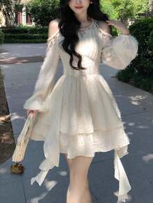 Women's Chic Asymmetrical Ruffles Long Sleeve Cold Shoulder Sequin Shell Decoration Dress