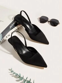 Women's Solid Color Kitten Heel Pumps, Elegant Pointed Toe High Heels, Fashionable Ankle Strap High Heels - Black - View 3
