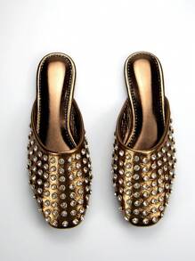 Women Diamond Decorated Vintage Bronze Metal Textured Square Toe Slide Flats, Casual & Party Wear - Bronze - View 2