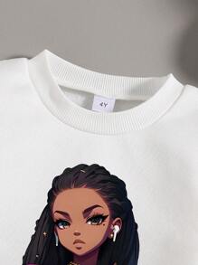 Conjunto de sudadera cuello redondo y pantalón de chándal con estampado de dibujos animados para niñas
