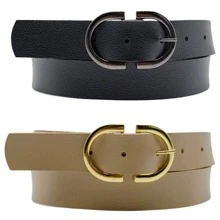 Kit 2 Women's Belt 2D Double Inverted Round Buckle Current Fashion Winter Summer 96040K2 - 黑色和米色 - 查看 1