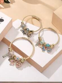 1 件女士手工串珠手链，采用不锈钢制成，带蝴蝶和心形细节 - 可调节，适合日常佩戴情人节