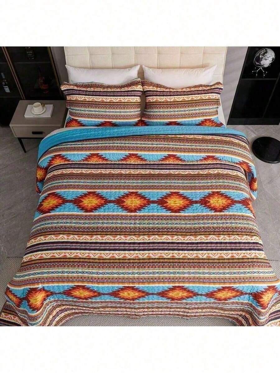 3 PCS Oversize Rustic Southwestern Quilt Set Western Bedding Bedspread Set - King - View 1