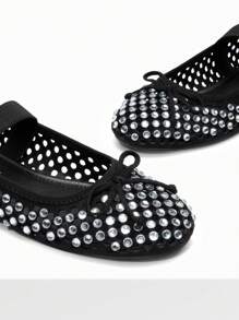 Women's Bow Knot Ballet Flat Mary Jane Round Toe Hot Diamond Hollow Out Upper Comfortable Fashionable All-Match Party Shine Dancing Flat Shoes - 黑色 - 查看 7