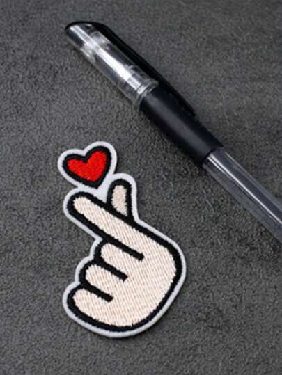 1pc Heart & Gesture Embroidered Iron-On Patch, Creative Polyester Patch For Clothing