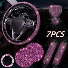 7 Pack Crystal Rhinestone Rhinestone Car Accessories, Bling Car Accessories For Women, Bling Steering Wheel Cover, Bling Car Seat Belt Cover, Gear Shift Cover, Car Bling Ring, Cup Holder Coasters,Car Accessories Women - one-size - View 5