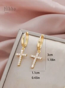 Hihho 1pair Classic Zirconia Embedded Cross Pendant Earrings, With Elegant European And American Luxury Charm, Suitable As A Distinctive Gift For Women's Daily Wear Or Occasions - Yellow Gold - View 5