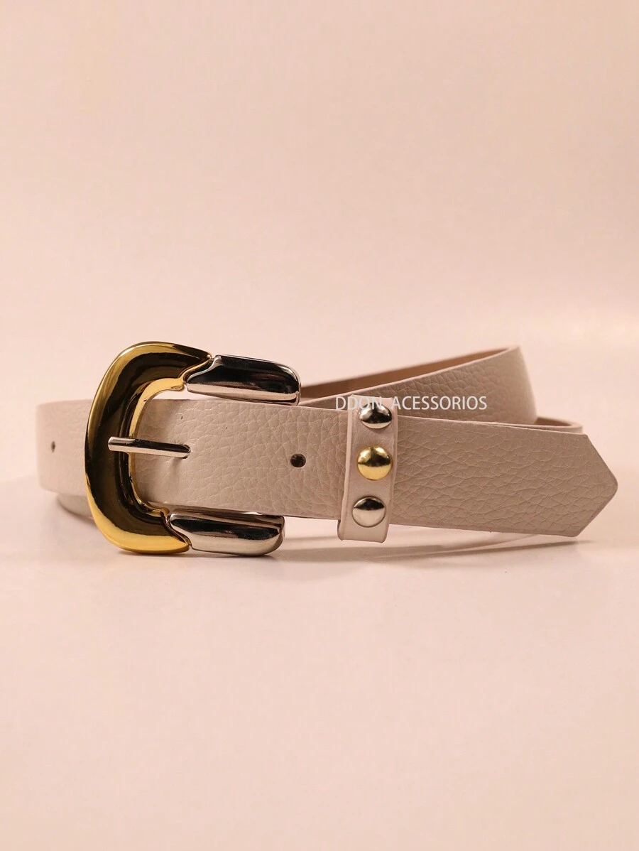 Autumn And Winter Women's Retro Casual Smooth Genuine Leather Belt With Rivets - 米白色 - 查看 1