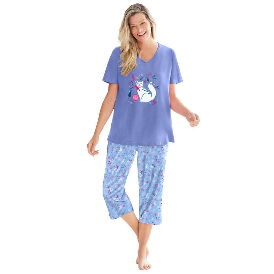 Dreams & Co. Plus Size 2-Piece Capri PJ Set - RASPBERRY SORBET ANIMAL TREE - View 1