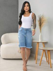 Women's High Waist Bermuda Jeans Shorts, Jorts Model - 淺色水洗藍 - 查看 3