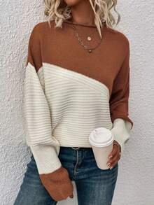 Women Drop Shoulder Colorblock Long Sleeve Sweater, Autumn/Winter - Camel - View 3