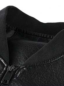 Men's PU Leather Jacket With Thermal Lined, Warm & Stylish Motorcycle Jacket With Embroidery Pattern, For Autumn & Winter - Black - View 5