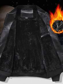 Men's PU Leather Jacket With Thermal Lined, Warm & Stylish Motorcycle Jacket With Embroidery Pattern, For Autumn & Winter - Black - View 4