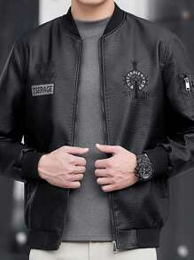 Men's PU Leather Jacket With Thermal Lined, Warm & Stylish Motorcycle Jacket With Embroidery Pattern, For Autumn & Winter - Black - View 3