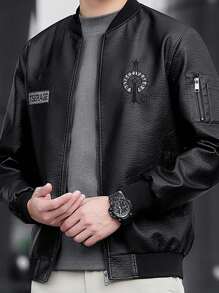 Men's PU Leather Jacket With Thermal Lined, Warm & Stylish Motorcycle Jacket With Embroidery Pattern, For Autumn & Winter - Black - View 2
