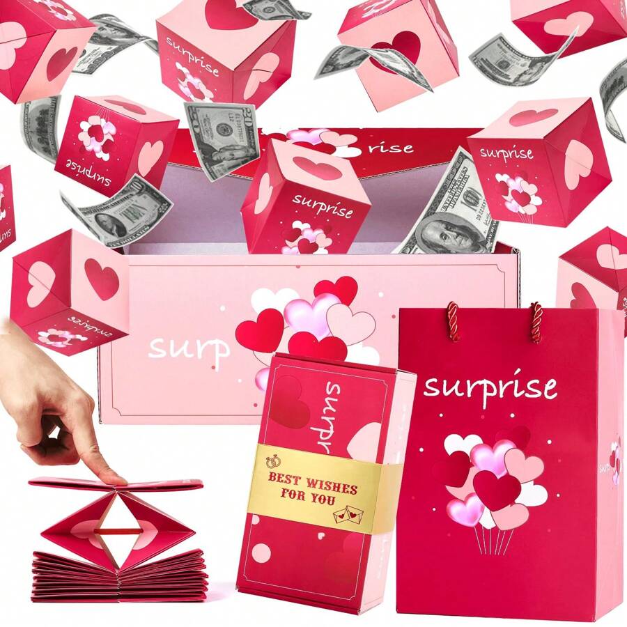 Set de 10 cajas de regalo sorpresa con explosión de dinero, caja de regalo con sobre rojo plegable y rebote único, caja de regalo de lujo con explosión de efectivo para cumpleaños de mamá, aniversario, San Valentín, propuesta, Navidad - Burdeos - Ver 1