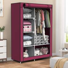 loefme Canvas Wardrobe With Clothes Hanging Rail Shelves Home Fabric Storage Cupboard - Red - View 4