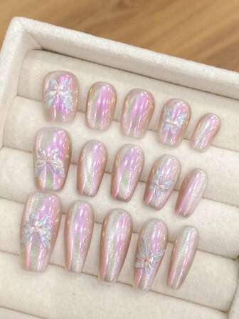 10 Pcs Gorgeous Shiny Milky Way Gradient Almond Shaped Butterfly/1Fake Nails Art Nail Press Ons Handmade For Women AndGirls Nail Supplies