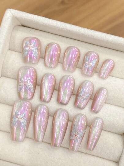 10 Pcs Gorgeous Shiny Milky Way Gradient Almond Shaped Butterfly/1Fake Nails Art Nail Press Ons Handmade For Women AndGirls Nail Supplies